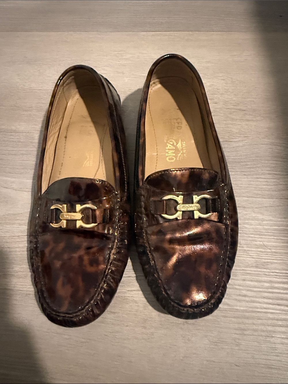 Salvatore Ferragamo Tortoiseshell Brown Gold-Trim Loafers